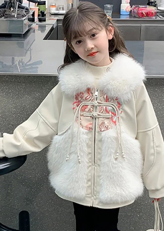 Chinese Style Beige Peter Pan Collar Embroideried Patchwork Warm Fleece Kids Coats WinterTG026