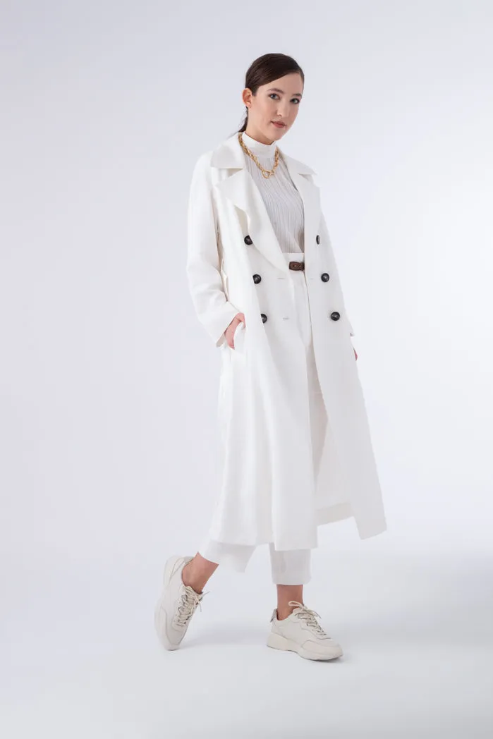 Choice Double Breasted 6-Button Notched Lapel Trench Coat Off White