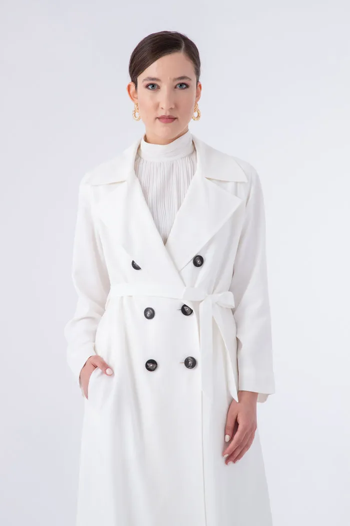 Choice Double Breasted 6-Button Notched Lapel Trench Coat Off White