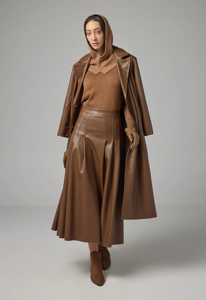 Choice Pu Leather Belted Maxi Trench Coat Brown