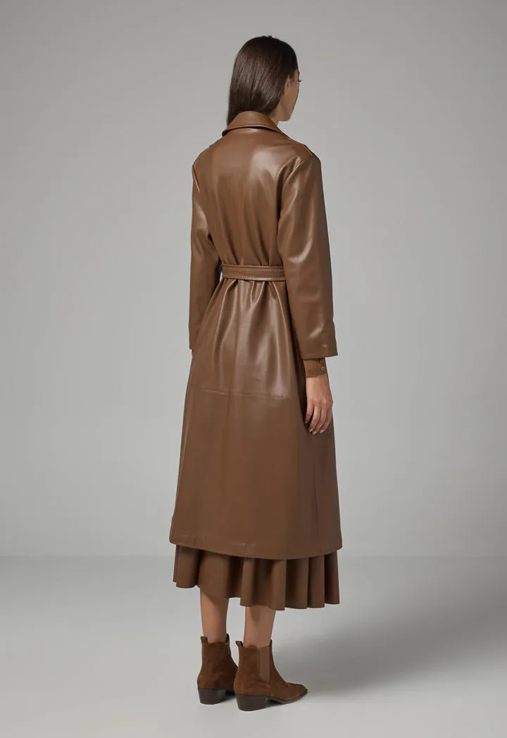 Choice Pu Leather Belted Maxi Trench Coat Brown