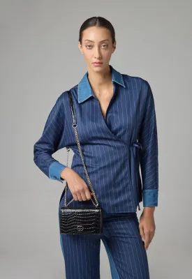 Choice Stripped Wrap Kimono With Denim Yoke Blue