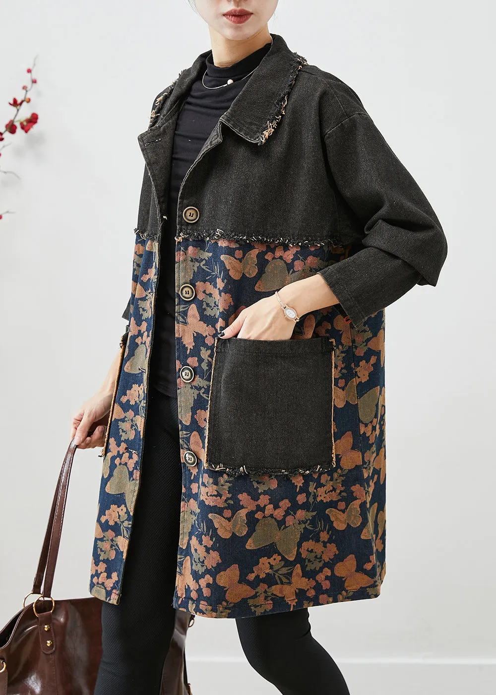 Classy Black Oversized Patchwork Print Denim Coats Fall LY9869