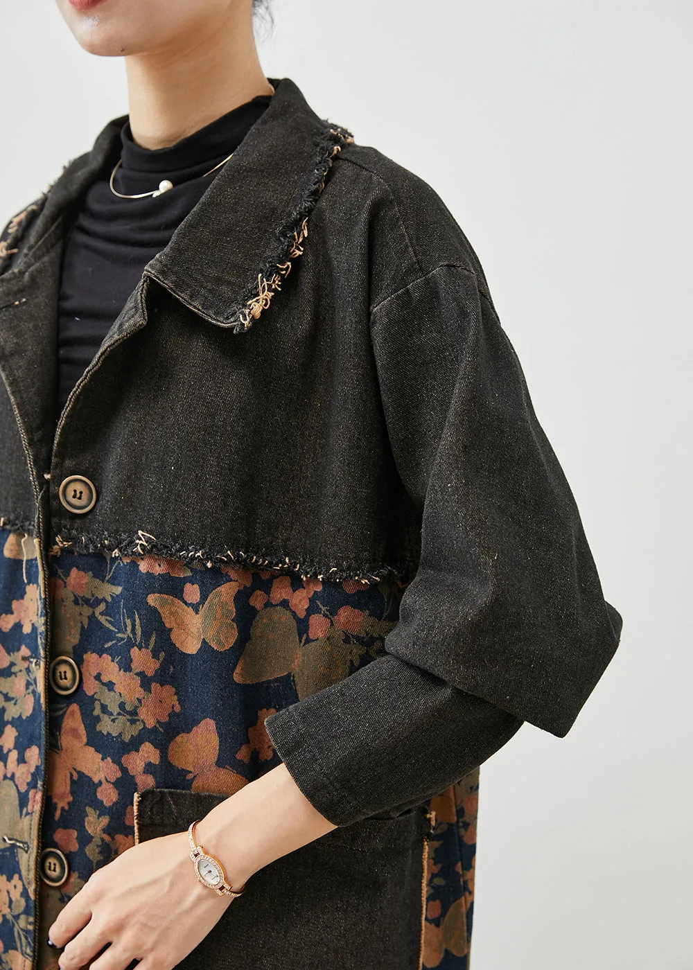 Classy Black Oversized Patchwork Print Denim Coats Fall LY9869