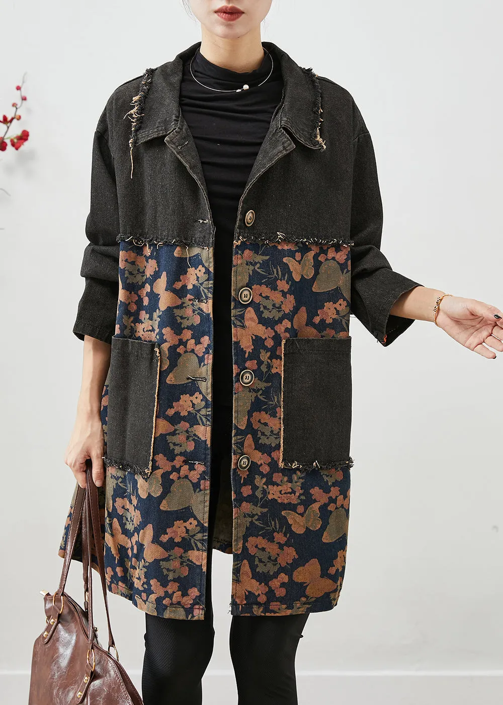 Classy Black Oversized Patchwork Print Denim Coats Fall LY9869