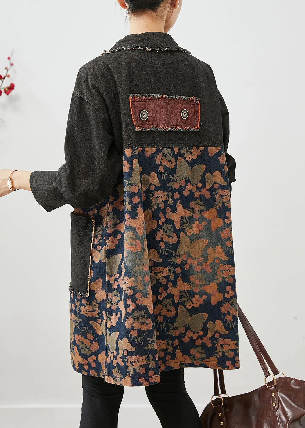 Classy Black Oversized Patchwork Print Denim Coats Fall LY9869