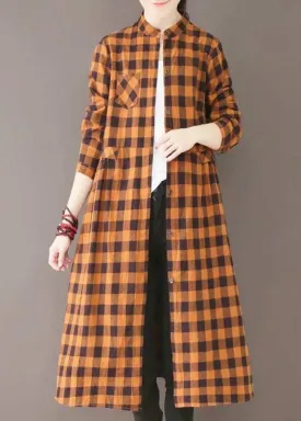 Classy Stand Collar Pockets Spring Dresses Yellow Plaid Art Dress