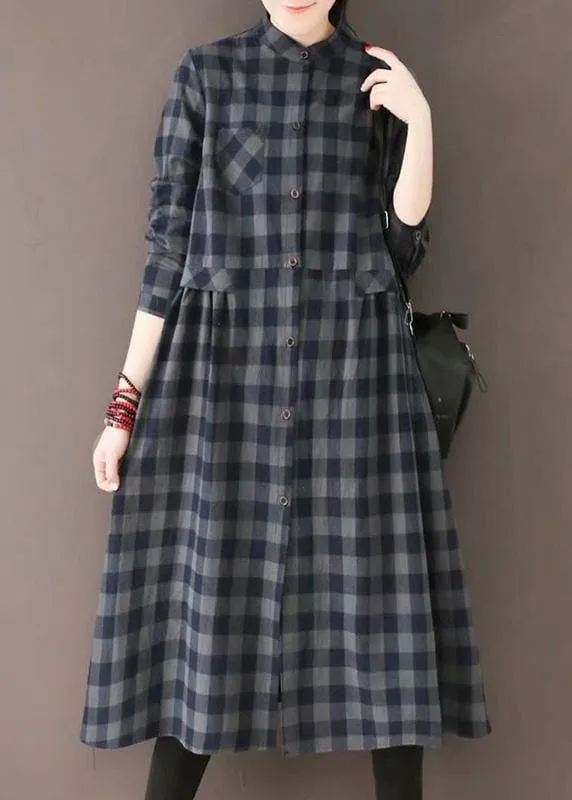 Classy Stand Collar Pockets Spring Dresses Yellow Plaid Art Dress