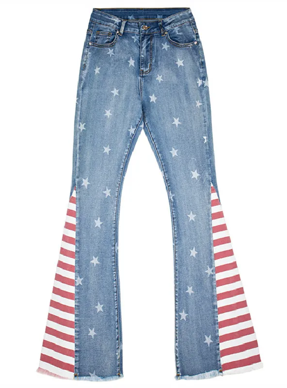 Color Matching Striped Printed Star Pattern Bell  Jeans