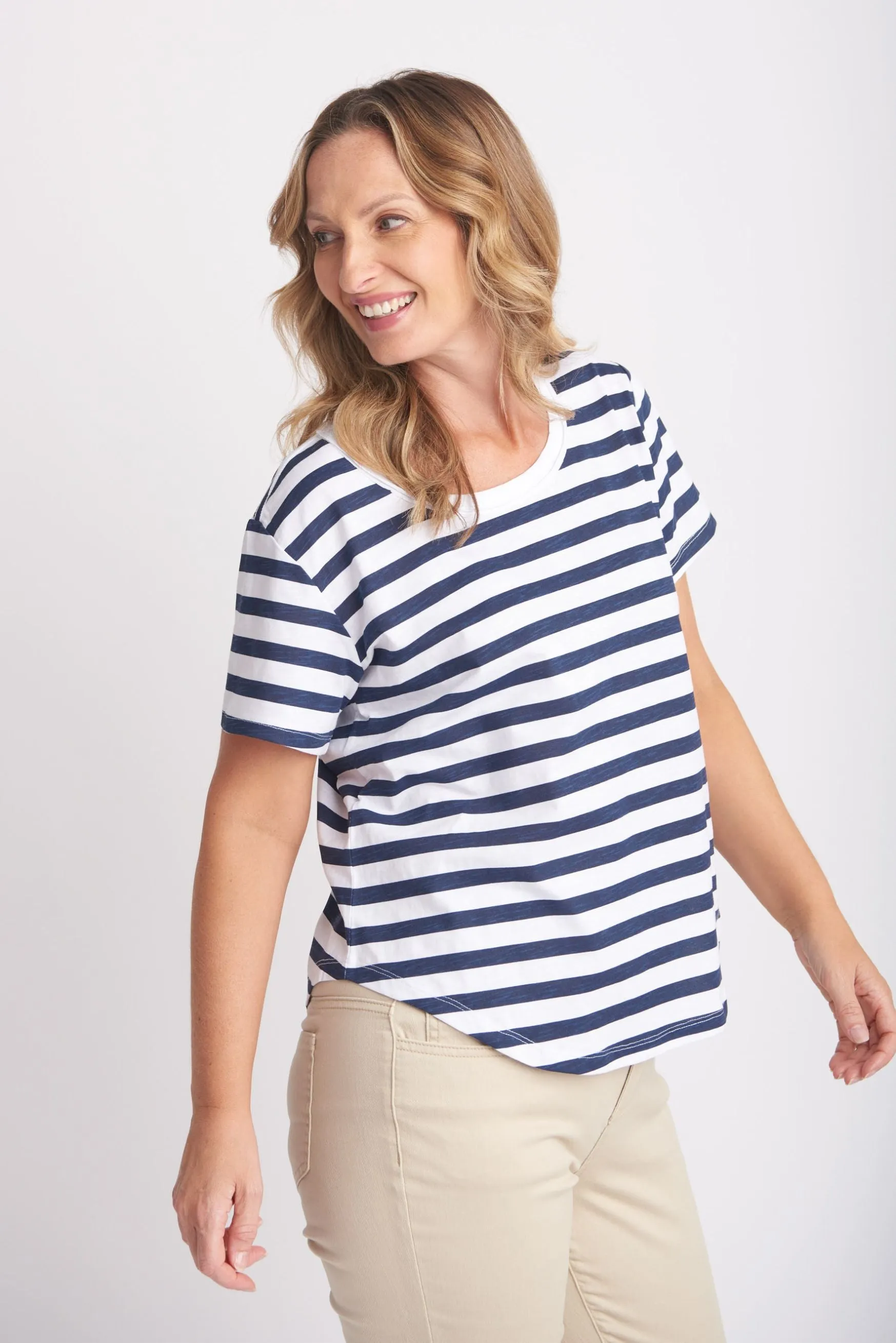 Cotton Slub Striped Crew Neck Tee Navy/White