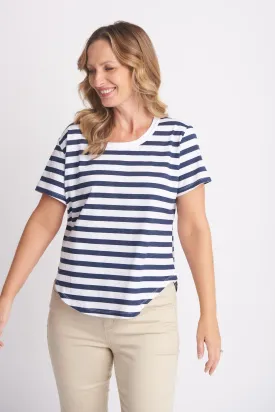 Cotton Slub Striped Crew Neck Tee Navy/White