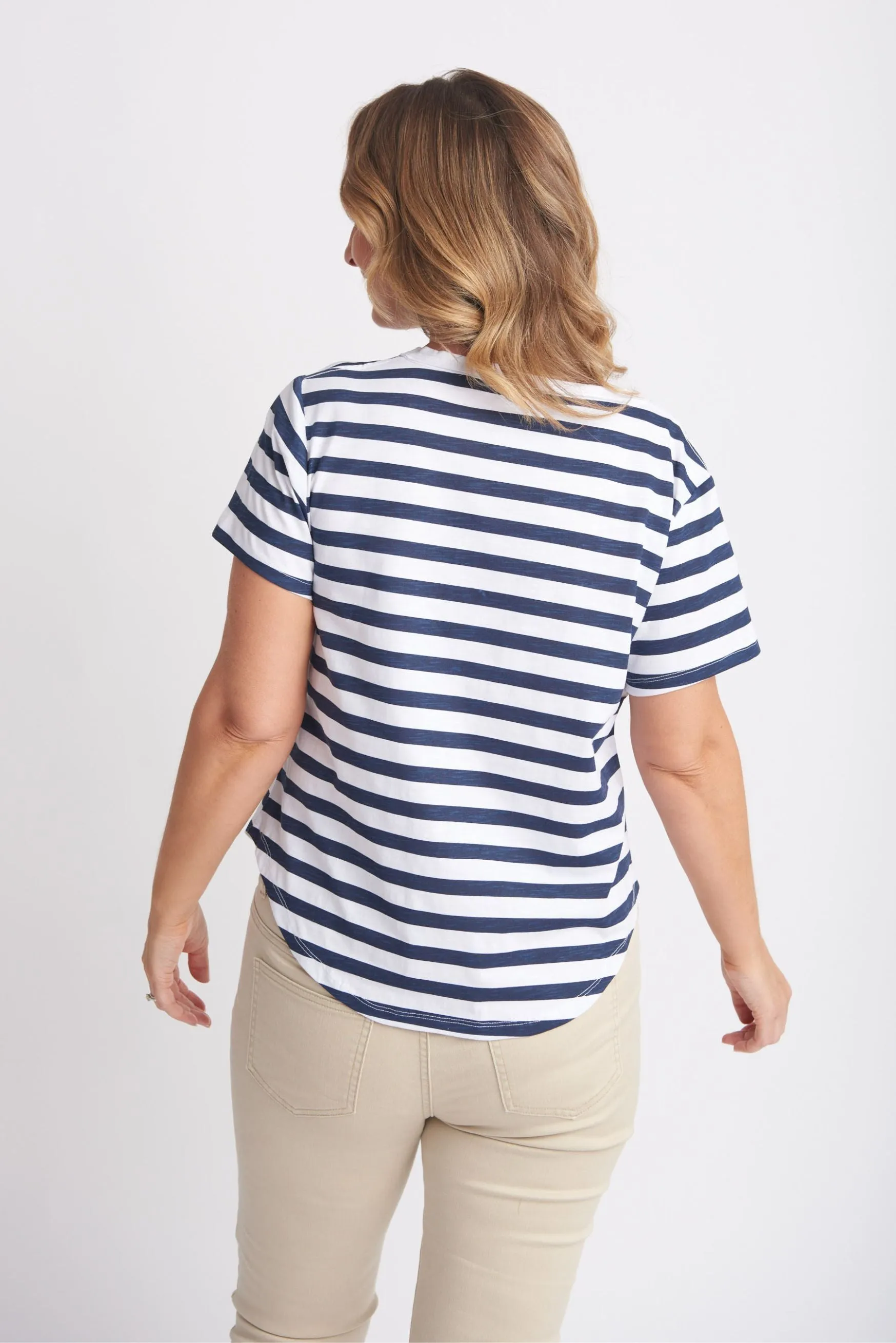 Cotton Slub Striped Crew Neck Tee Navy/White