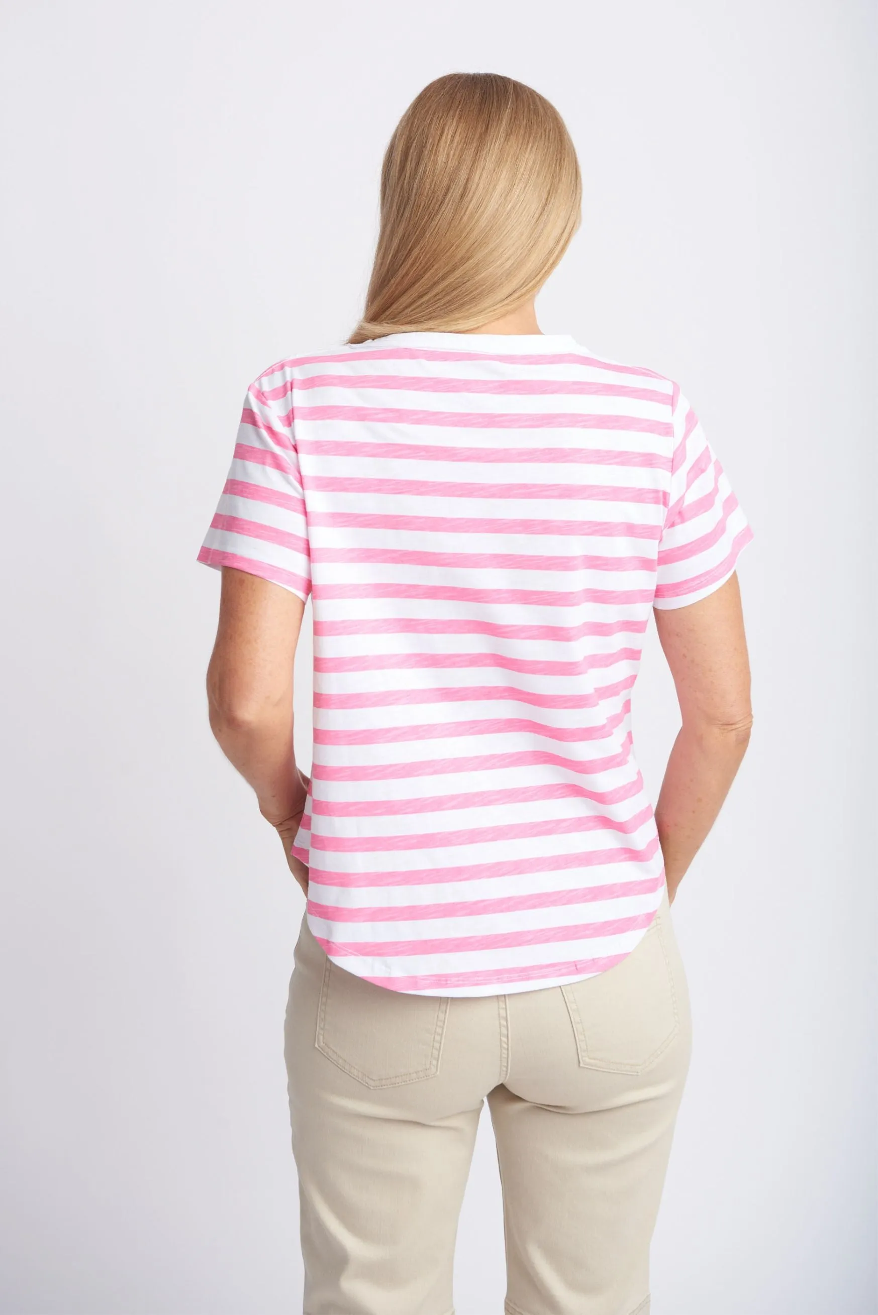 Cotton Slub Striped Crew Neck Tee Pink/White