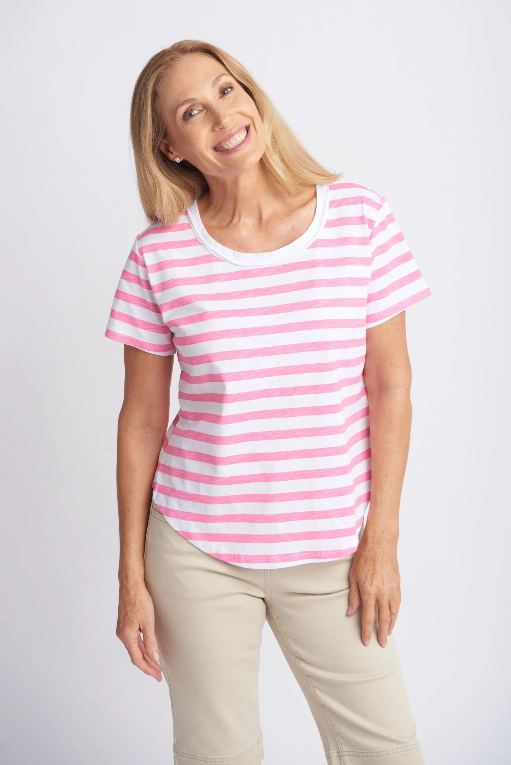 Cotton Slub Striped Crew Neck Tee Pink/White