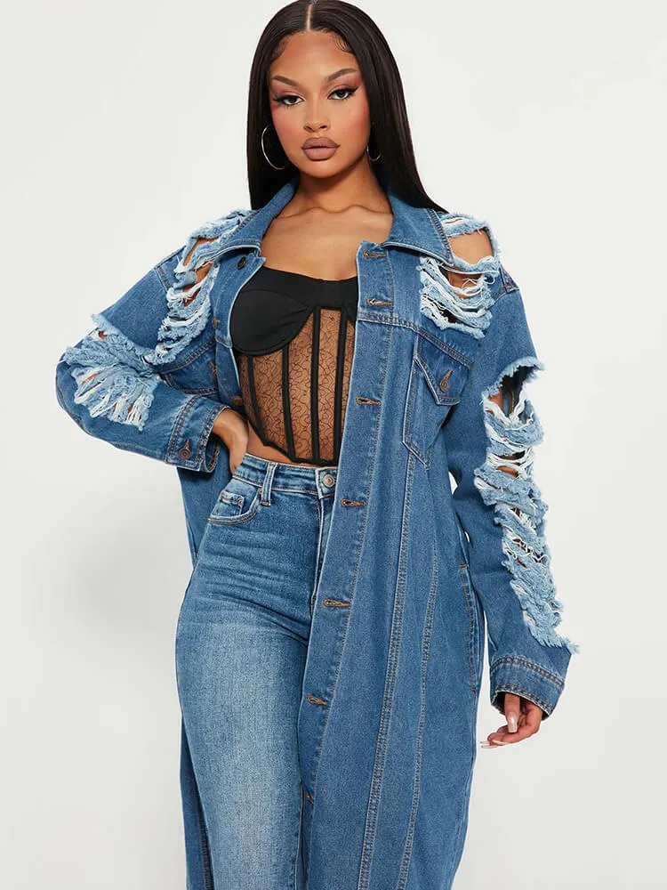 Denim Long Sleeve Ripped Bodycon Coats