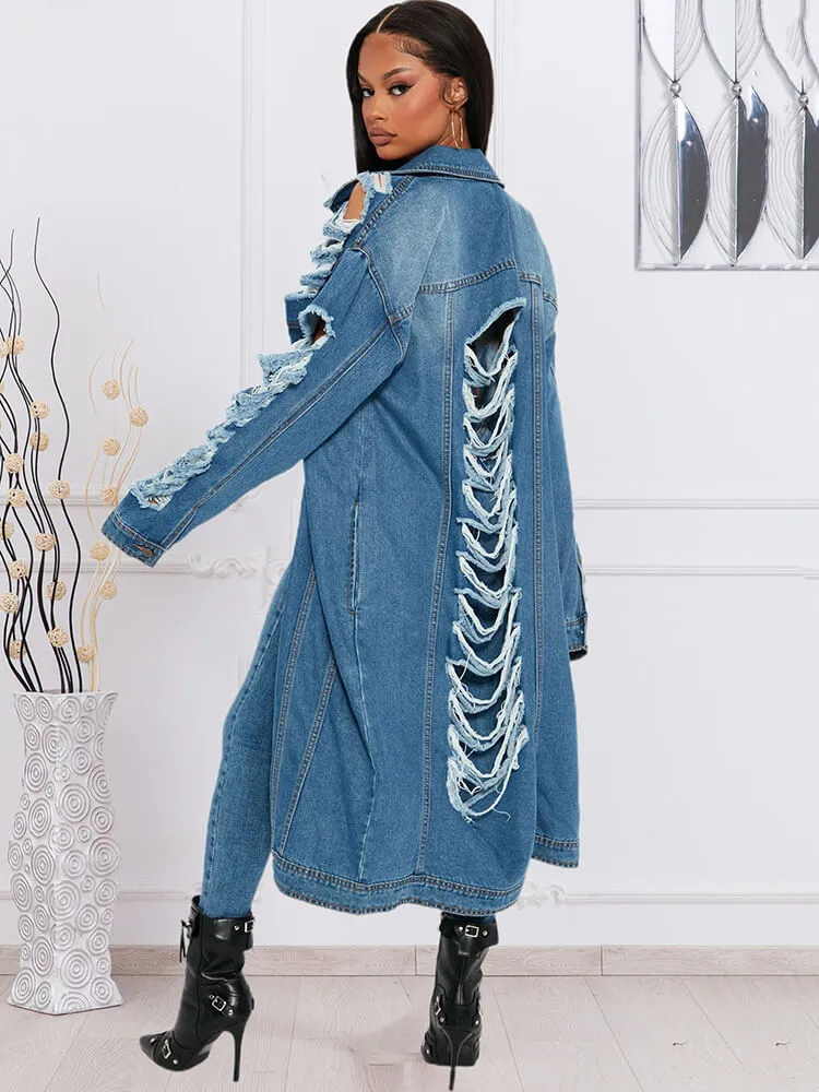 Denim Long Sleeve Ripped Bodycon Coats