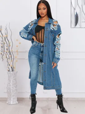 Denim Long Sleeve Ripped Bodycon Coats