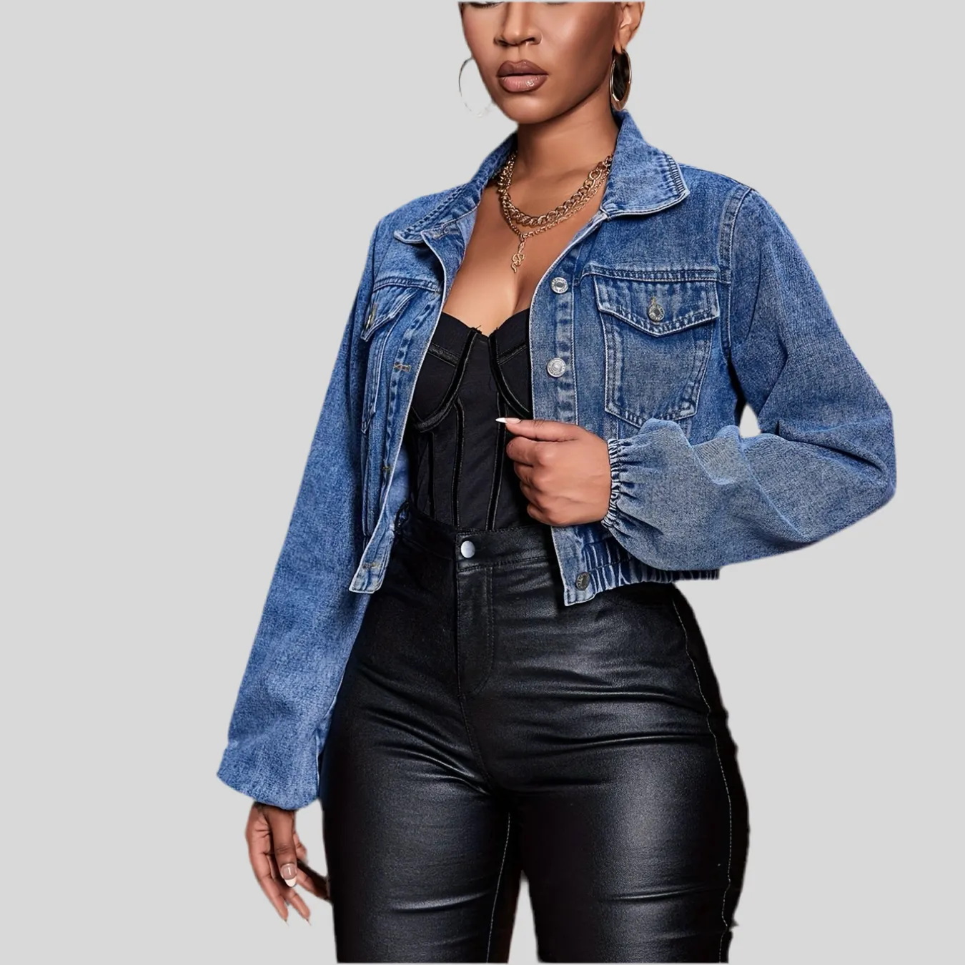 Denim  Long Sleeves Flap Pockets Lapel Crop Denim Coats