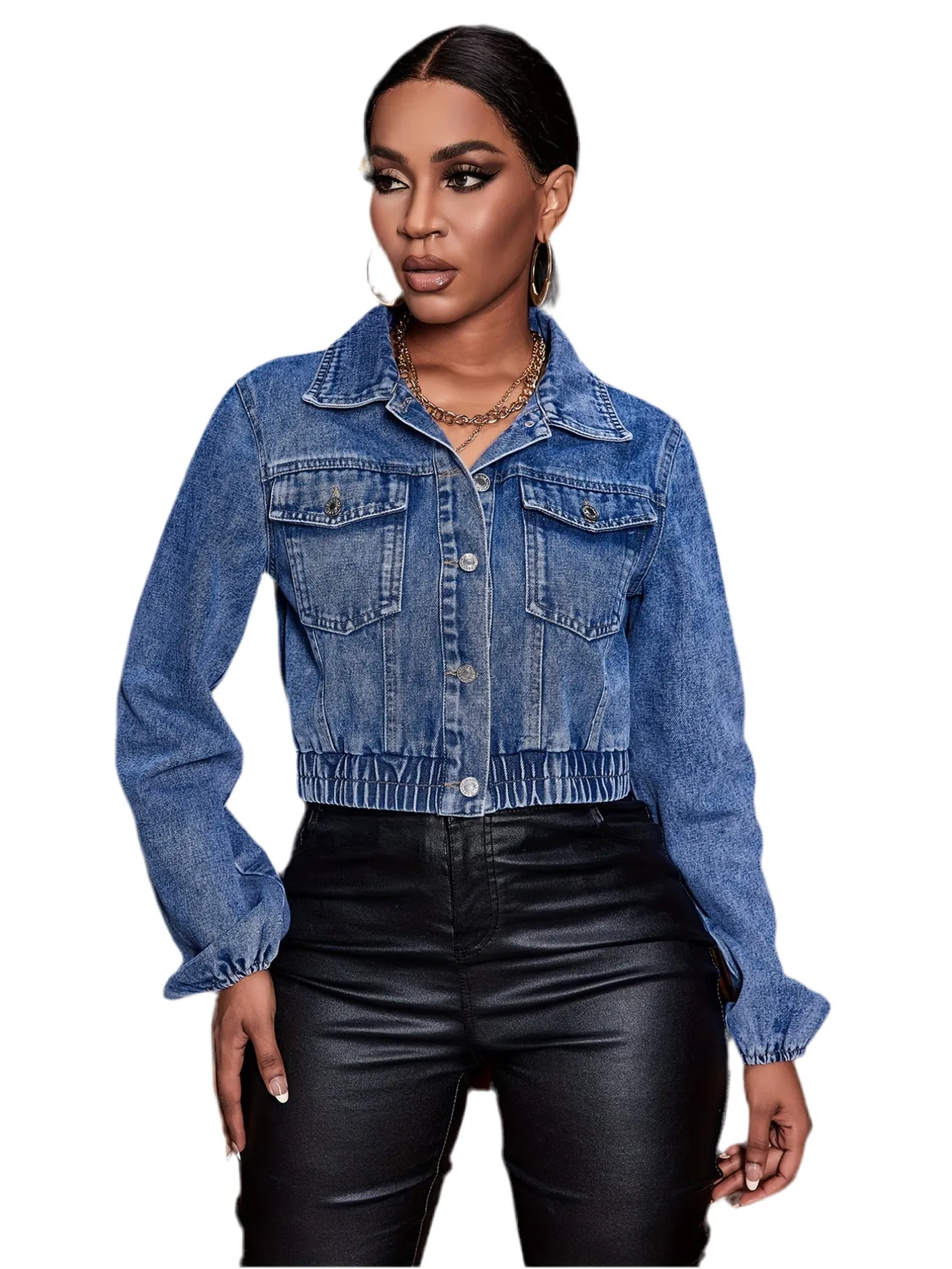 Denim  Long Sleeves Flap Pockets Lapel Crop Denim Coats