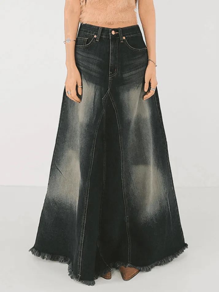 Distressed Patchwork Denim Maxi Skirt