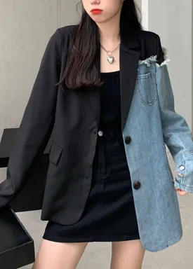 DIY Black Notched Pockets Asymmetrical Denim Patchwork Coats Long Sleeve ML2226