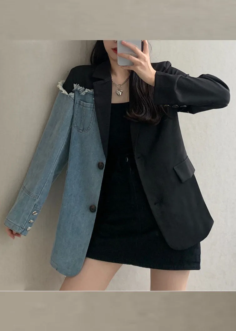 DIY Black Notched Pockets Asymmetrical Denim Patchwork Coats Long Sleeve ML2226