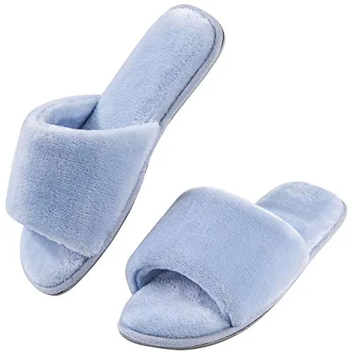 DL Open Toe Slippers for women Indoor, Cozy Memory Foam Womens House Slippers Summer Slip On, Comfy Soft Flannel Womens Bedroom Slippers Slide Breathable Size 7-8 Blue