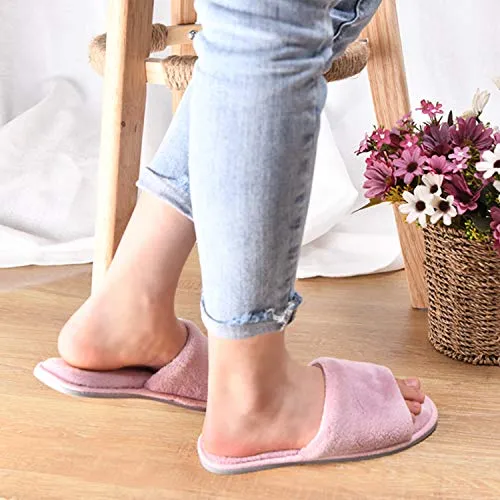 DL Open Toe Slippers for women Indoor, Cozy Memory Foam Womens House Slippers Summer Slip On, Comfy Soft Flannel Womens Bedroom Slippers Slide Breathable Size 7-8 Dark Pink