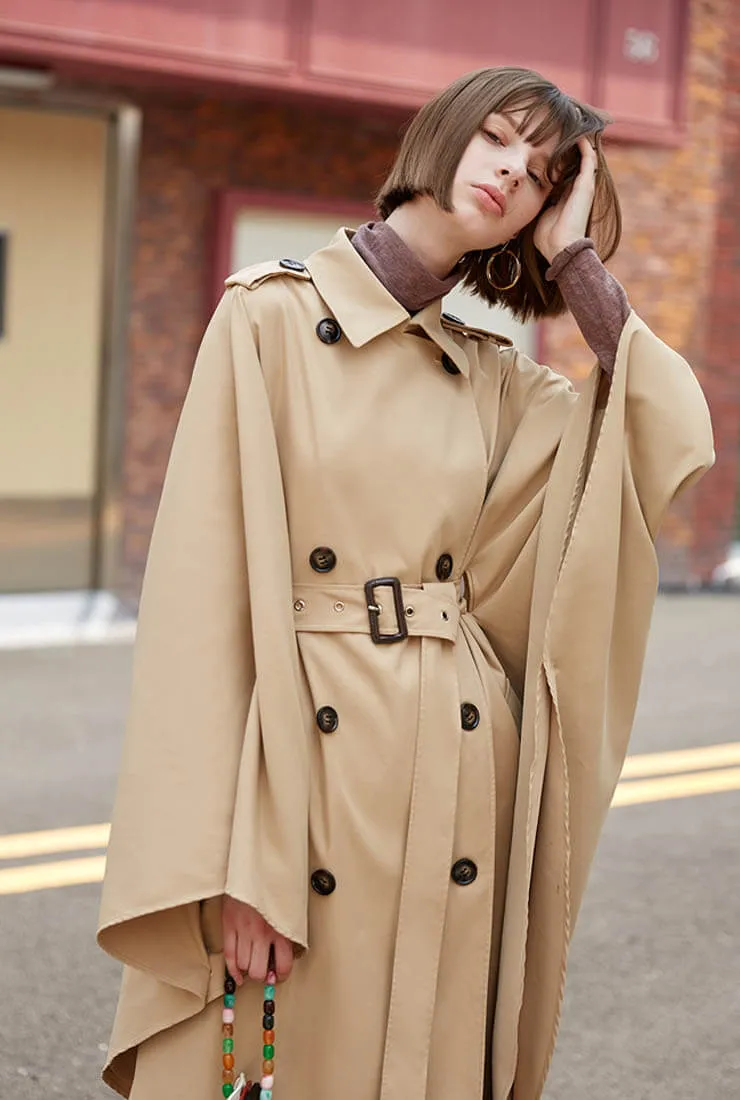 Double Breasted Cloak Khaki Loose Trench Coat