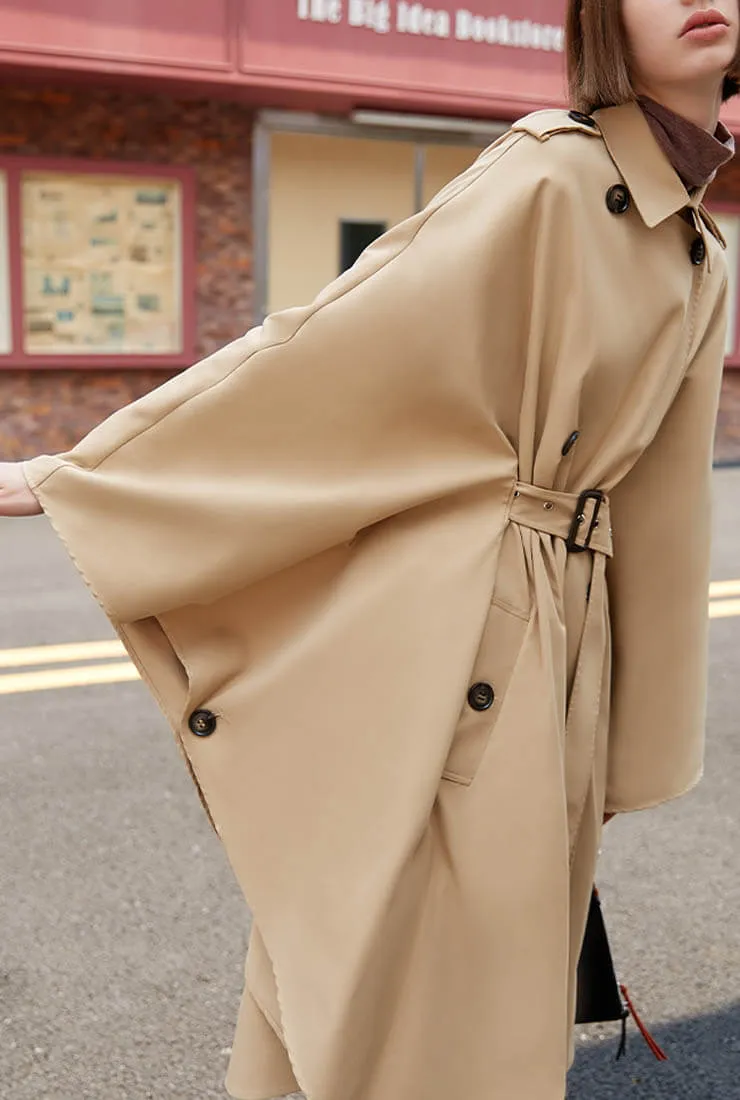 Double Breasted Cloak Khaki Loose Trench Coat