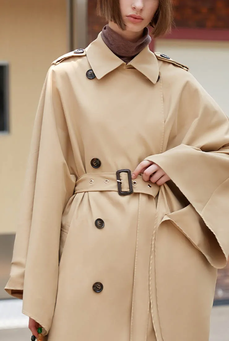 Double Breasted Cloak Khaki Loose Trench Coat