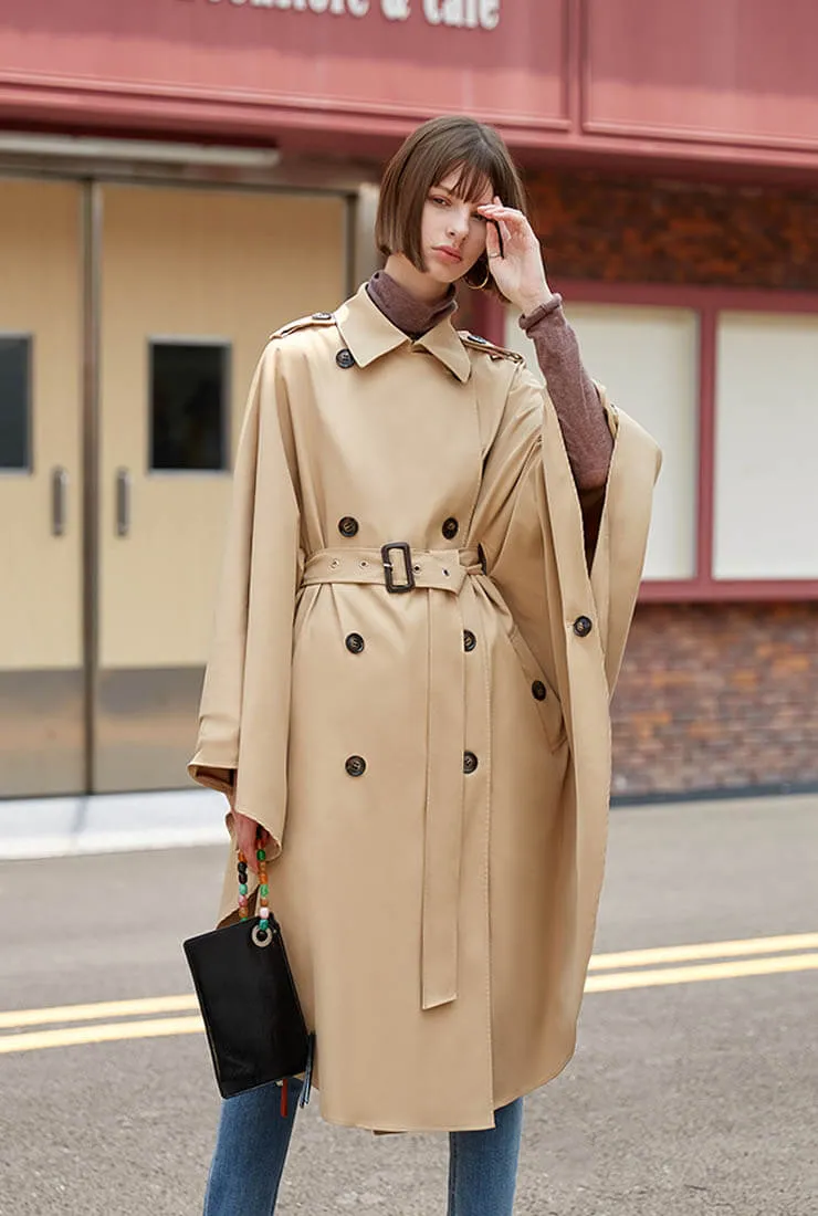 Double Breasted Cloak Khaki Loose Trench Coat