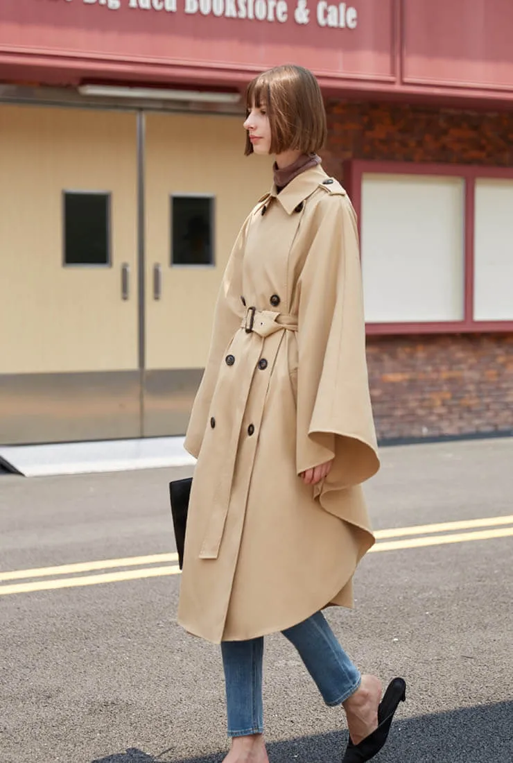 Double Breasted Cloak Khaki Loose Trench Coat