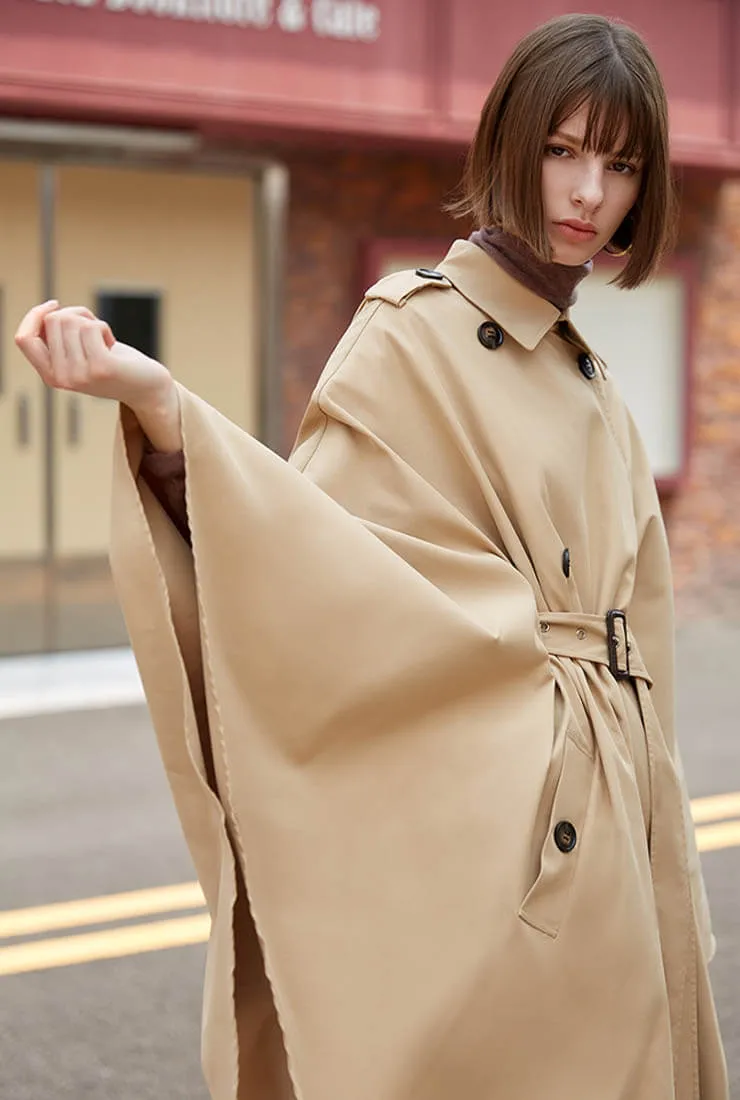 Double Breasted Cloak Khaki Loose Trench Coat