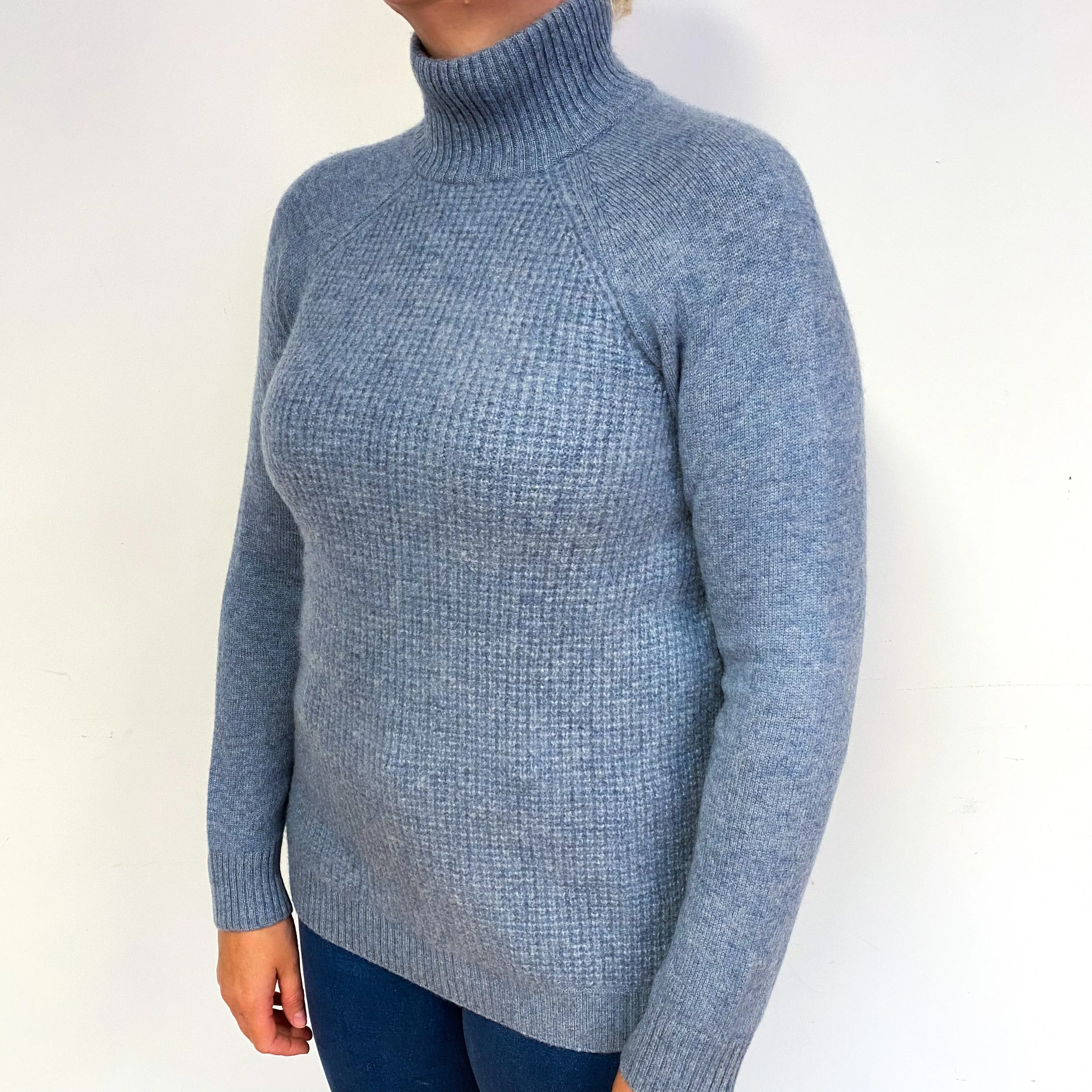 Dusky Grey Blue Chunky Cashmere Polo Neck Jumper Large