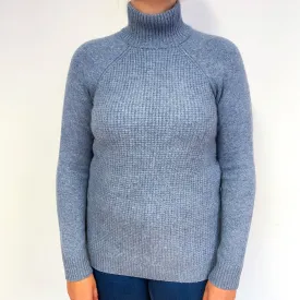 Dusky Grey Blue Chunky Cashmere Polo Neck Jumper Large