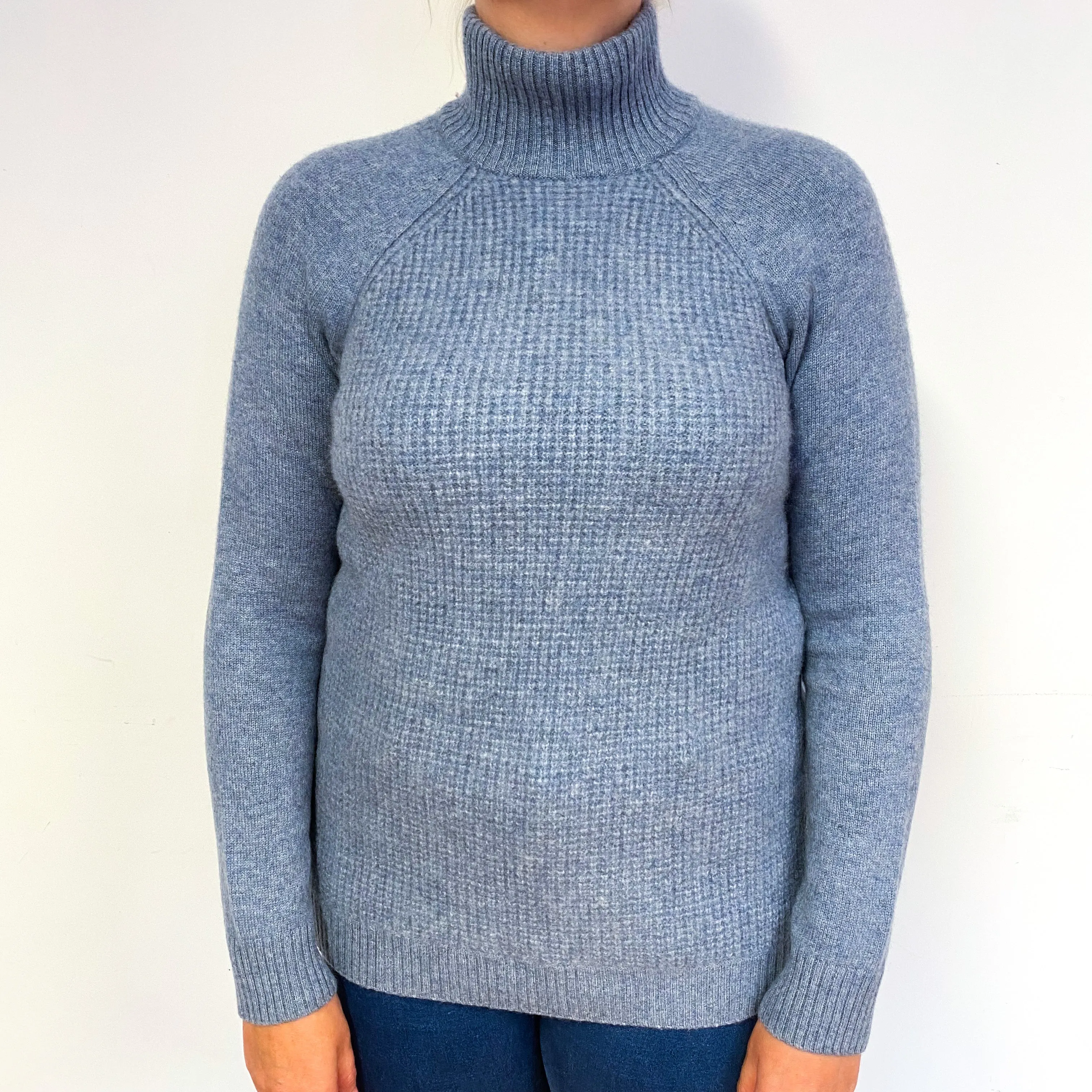 Dusky Grey Blue Chunky Cashmere Polo Neck Jumper Large