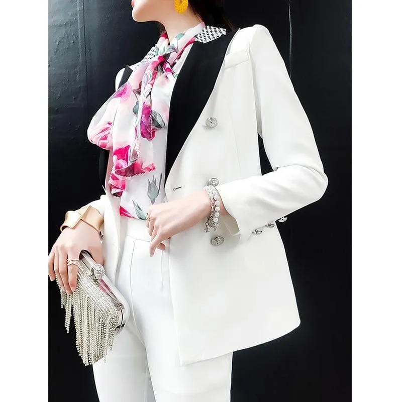 Elegant Black and White Double Breasted Women Tuxedo Blazer Jackets