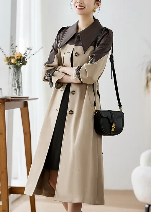 Elegant Khaki Peter Pan Collar Pockets Patchwork Faux Leather Trench Fall ML2564