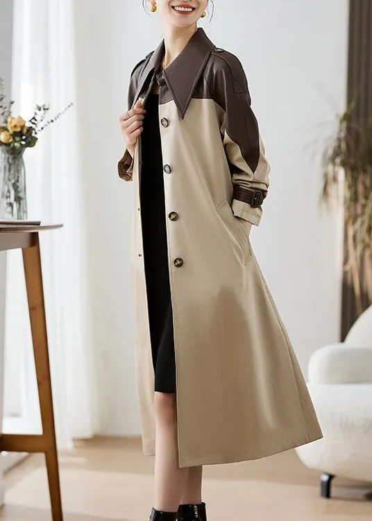 Elegant Khaki Peter Pan Collar Pockets Patchwork Faux Leather Trench Fall ML2564