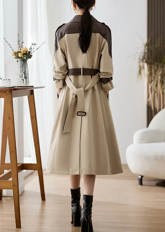 Elegant Khaki Peter Pan Collar Pockets Patchwork Faux Leather Trench Fall ML2564