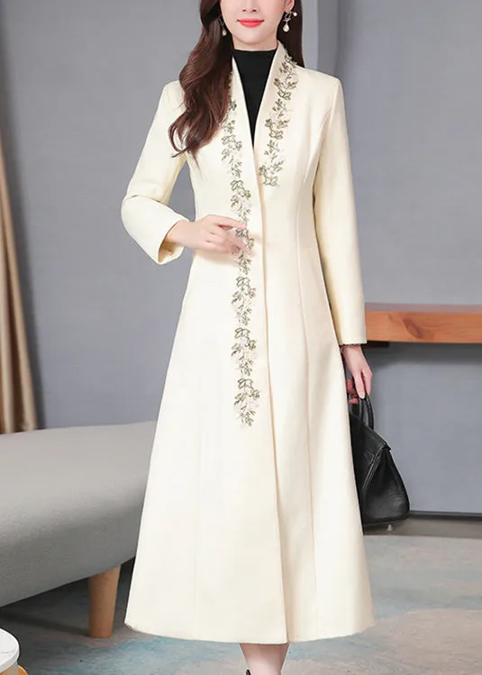 Elegant White V Neck Woolen Long Trench Coats Spring LY1713