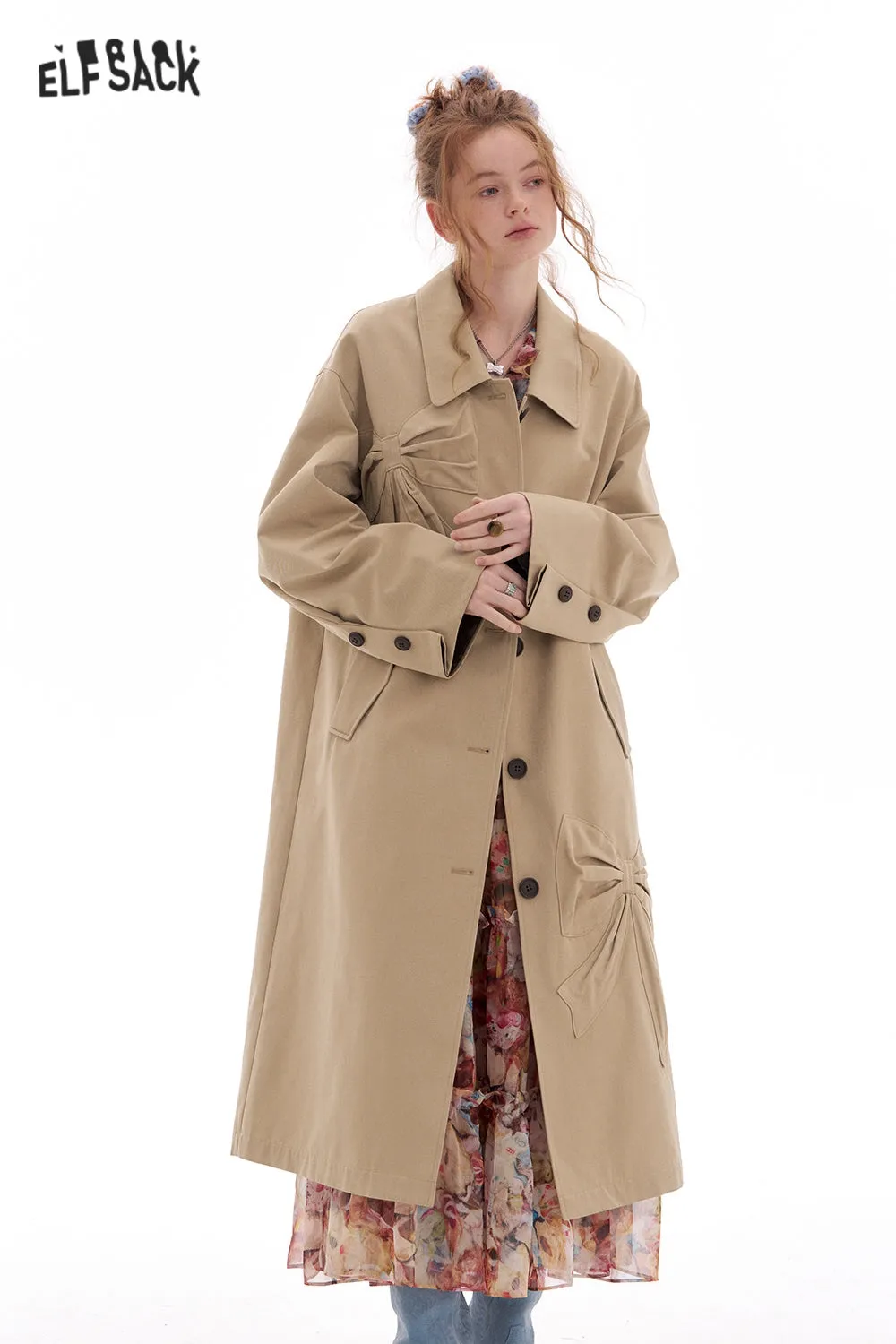 ELFSACK 2025 Spring New Arrivals Bowknot Khaki Trench Coat Women Fashion Korean Elegant Outerwear Woman Lapel Mid-length Coat Female