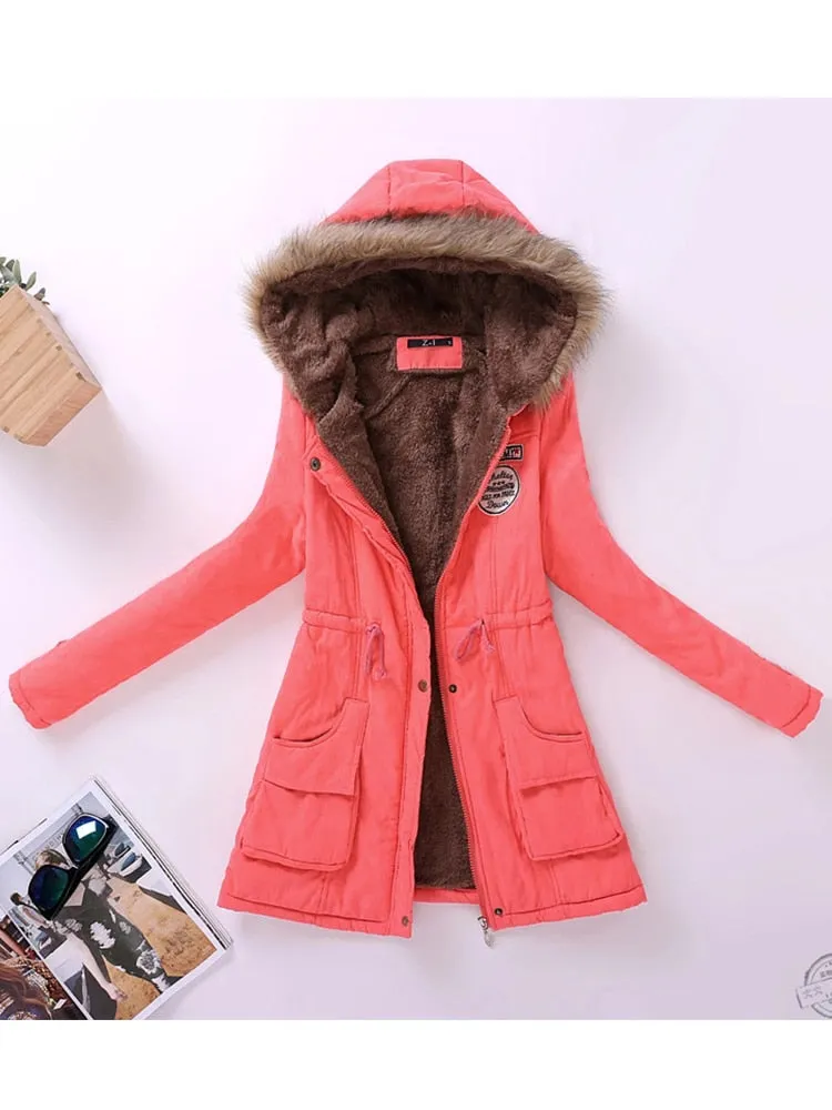 Faux Fur Hood Women's Wadded Cotton Padded Windbreaker Jacket