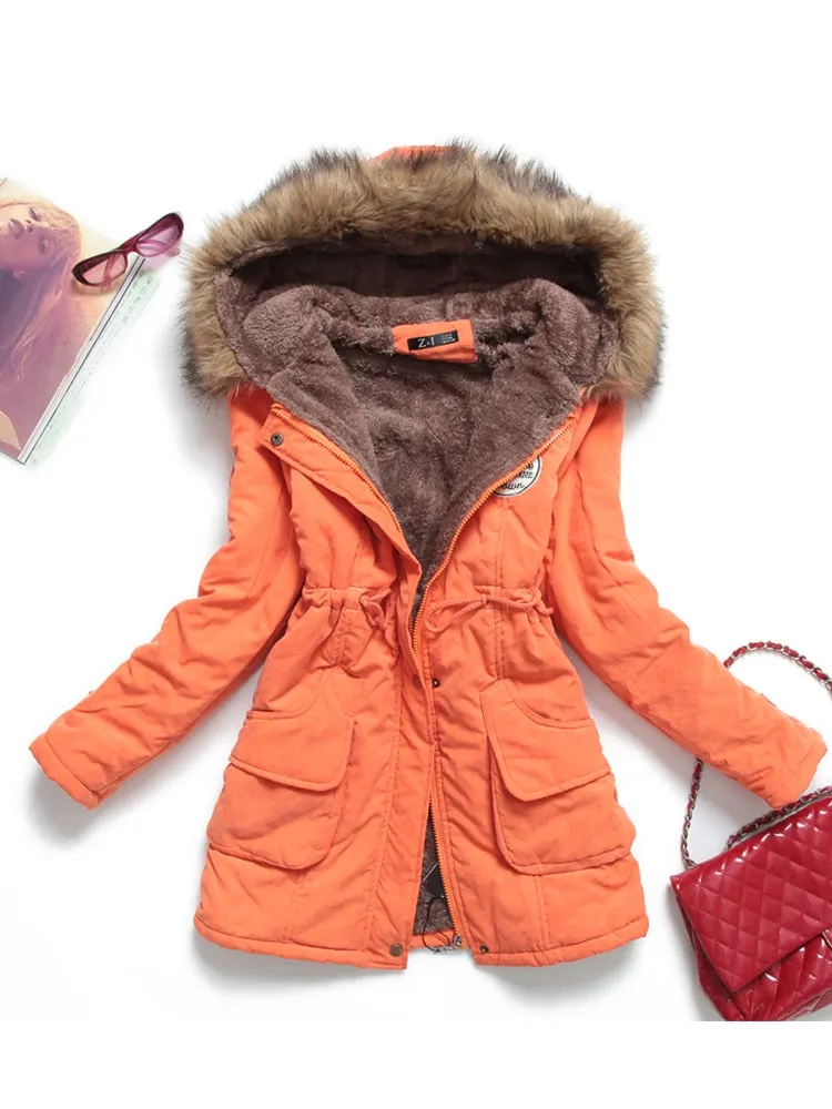 Faux Fur Hood Women's Wadded Cotton Padded Windbreaker Jacket