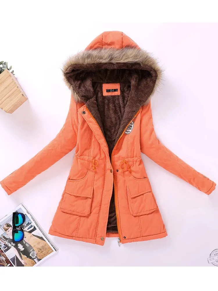 Faux Fur Hood Women's Wadded Cotton Padded Windbreaker Jacket