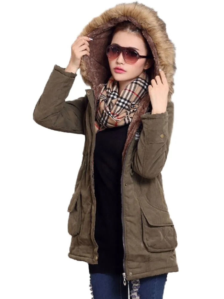 Faux Fur Hood Women's Wadded Cotton Padded Windbreaker Jacket