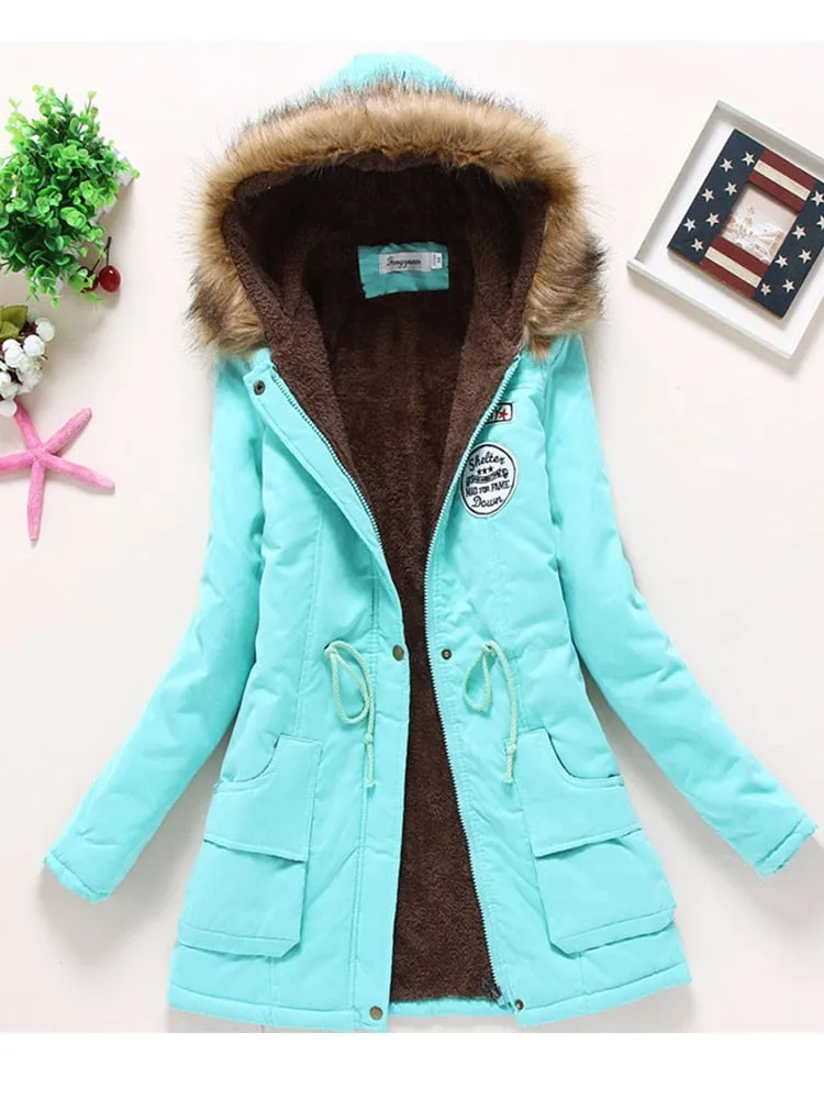 Faux Fur Hood Women's Wadded Cotton Padded Windbreaker Jacket