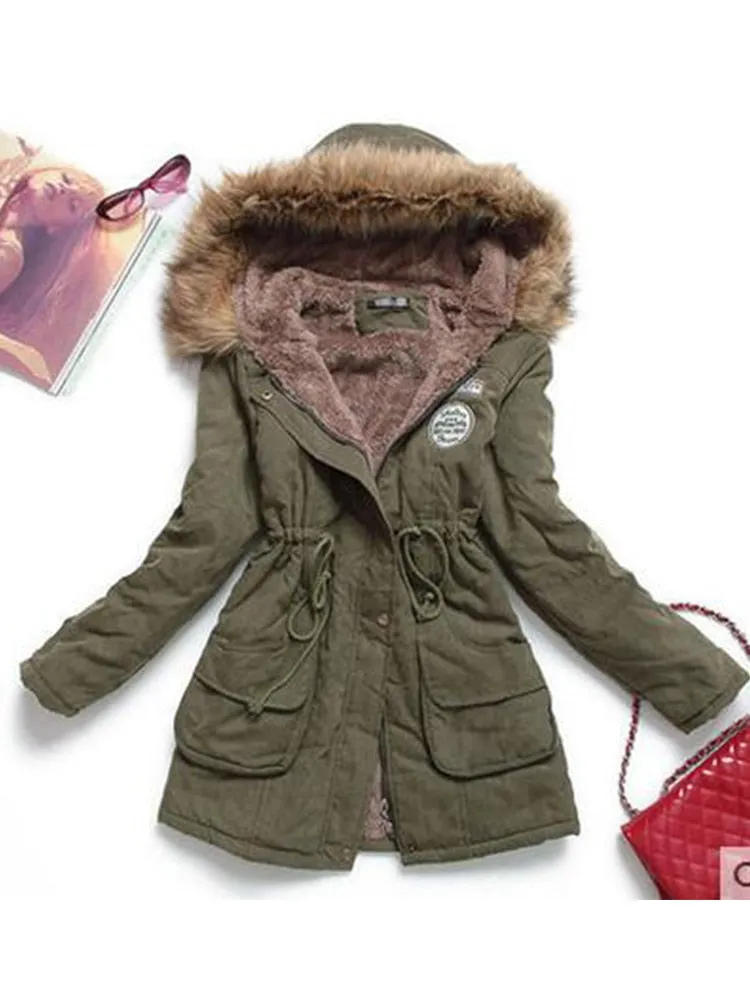 Faux Fur Hood Women's Wadded Cotton Padded Windbreaker Jacket