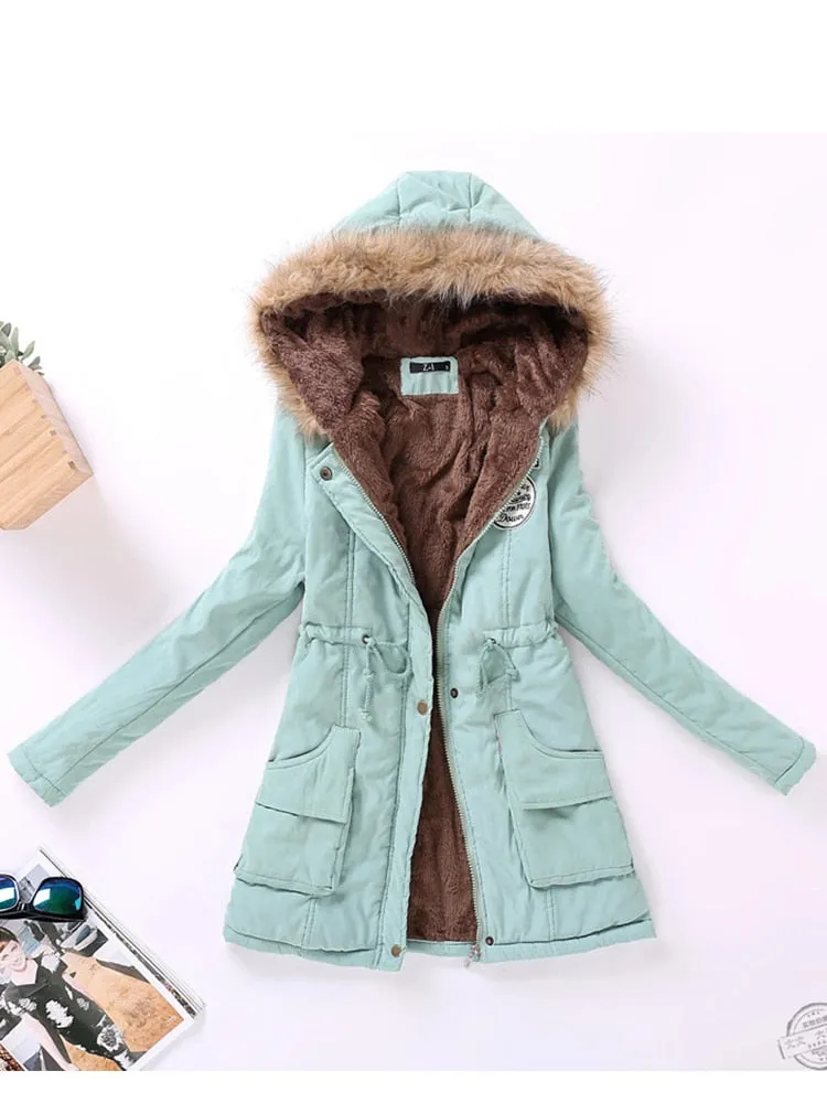 Faux Fur Hood Women's Wadded Cotton Padded Windbreaker Jacket